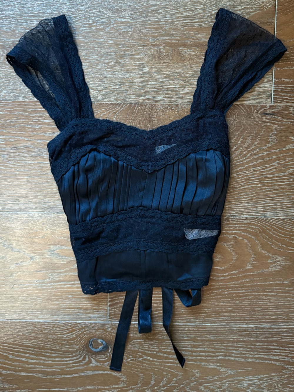 Black Lace-Trim Pleated Camisole Top
